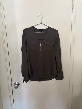 Express Olive Green Zip-Front Long Sleeve Blouse